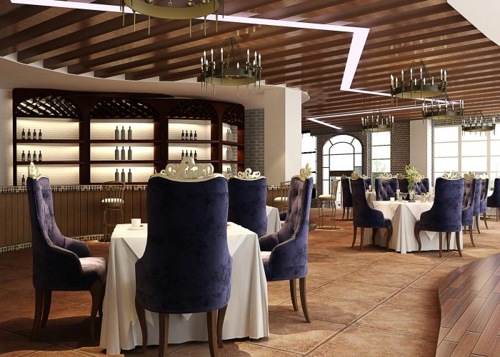 Sophisticated luxury restaurant interior featuring elegant chandeliers and plush seating, perfect for fine dining.